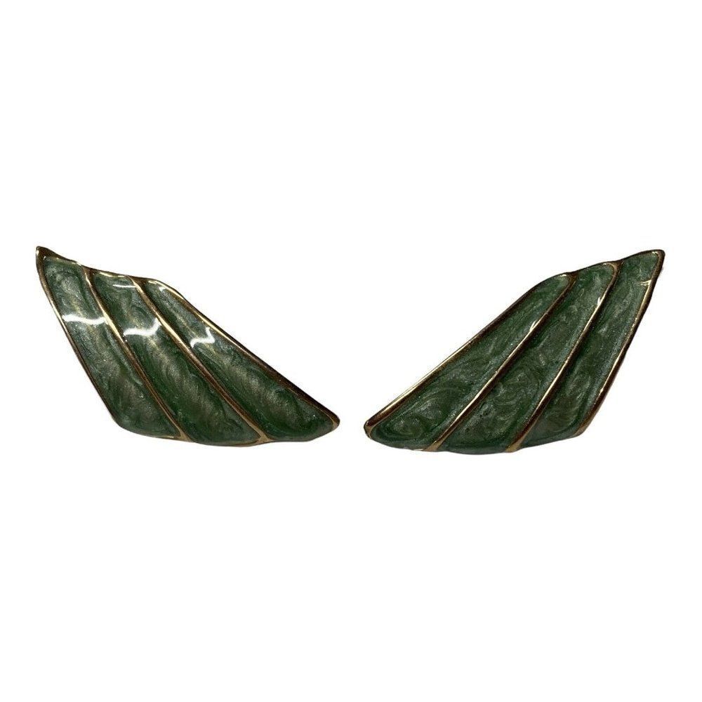Vintage Gold Tone Mossy Green Enamel Feather Design Post Pierced Earrings Boho
